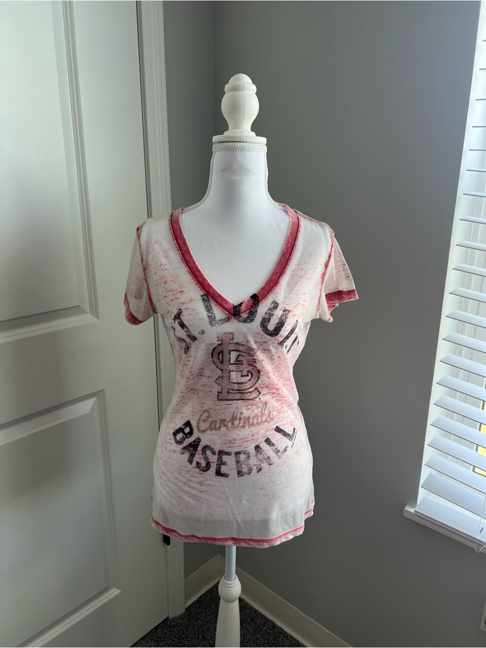 St. Louis Cardinals Women's V-Neck Baseball Tee - White & Red